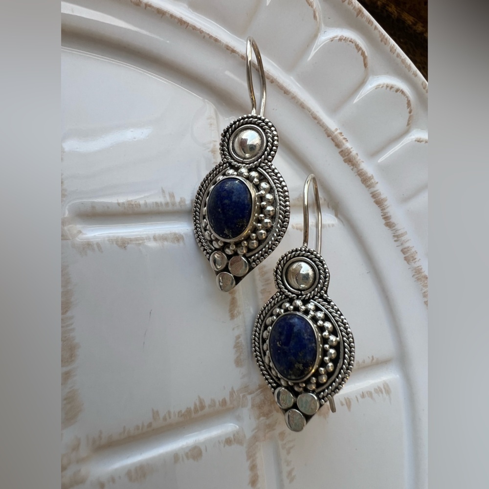 Oval Dangle Earrings Vintage Sterling Silver 925 NOS Blue Stone - Picture 2 of 5
